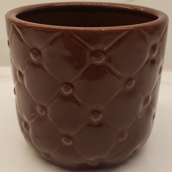 STACKING mug tumbler brown 3.5" x 4"diam embossed quilt pattern glossy - Picture 2 of 7